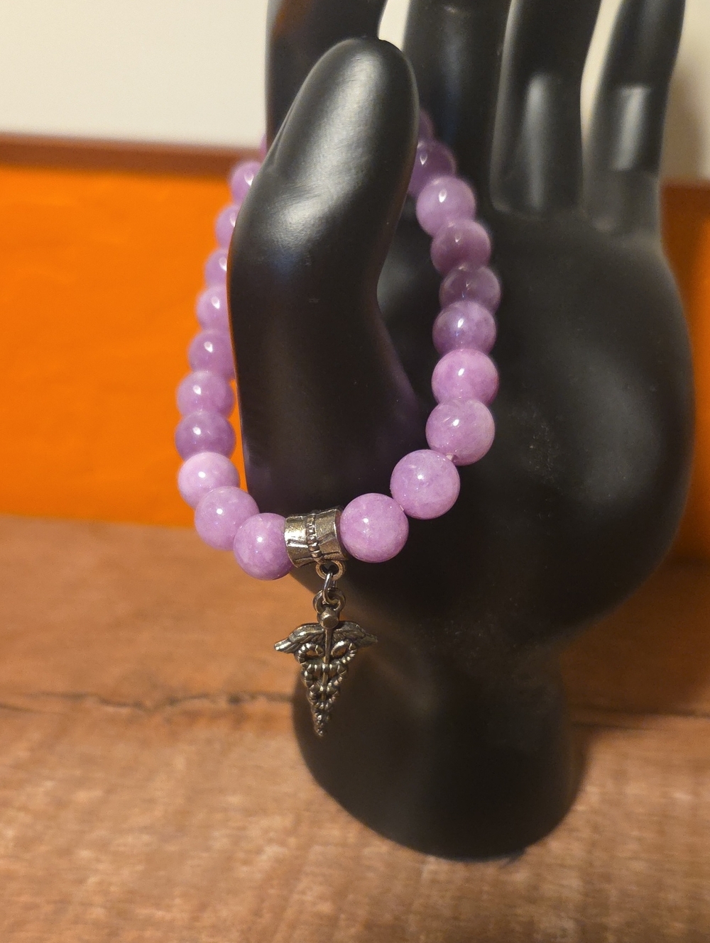 Lavender Beaded Bracelet With Medical Caduceus Symbol Charm